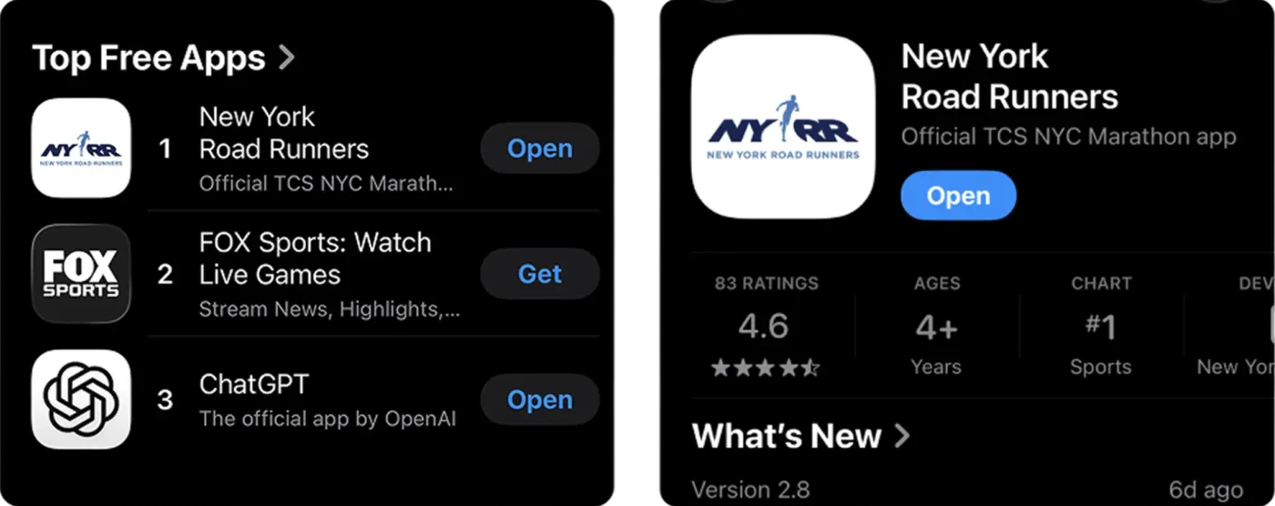 NYRR app screens at launch