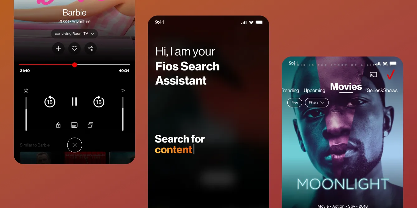Three concept phone screens: player, Fios Search Assistant, and Moonlight details page